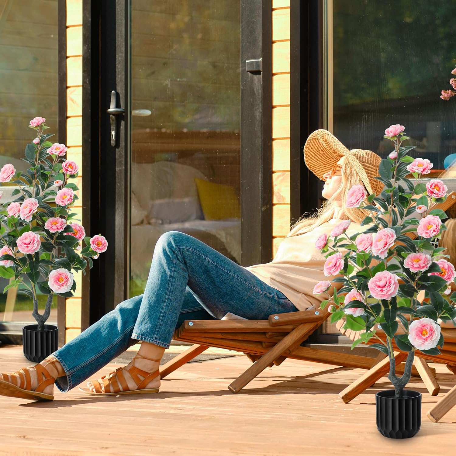 Giegxin 2 Pack 3.2 Ft Artificial Camellia Outdoor Trees Fake Faux Floral Flower Blooming Potted Plant in Cement Pot Realistic Faux Camellia Plants for Porch Decor Indoor Outdoor Office Home, Pink