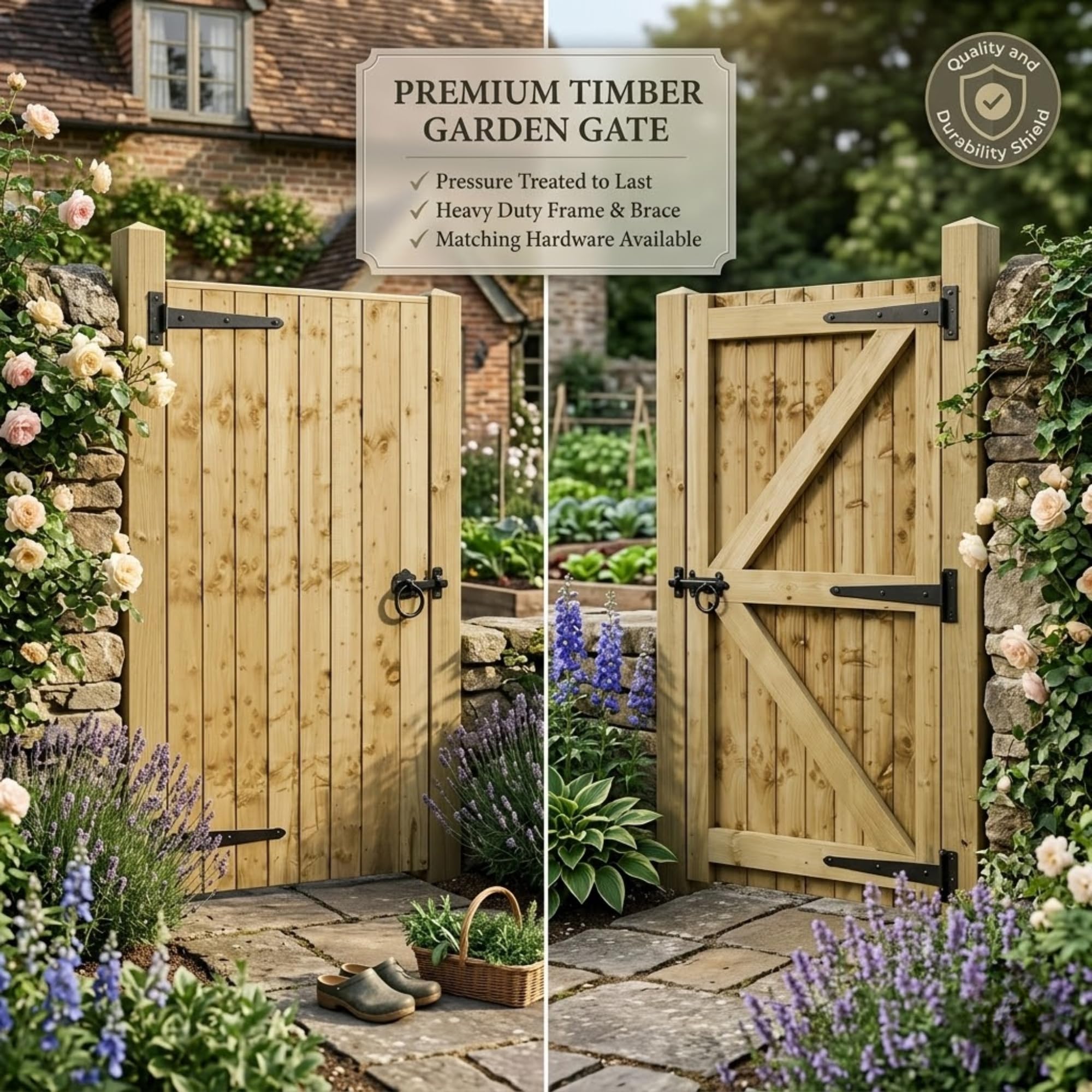 180 x 60cm Pressure Treated Wooden Garden Gate | Feather Edge Timber Side Gate | 6cm Thick Heavy Duty Outdoor Garden Door — view 5