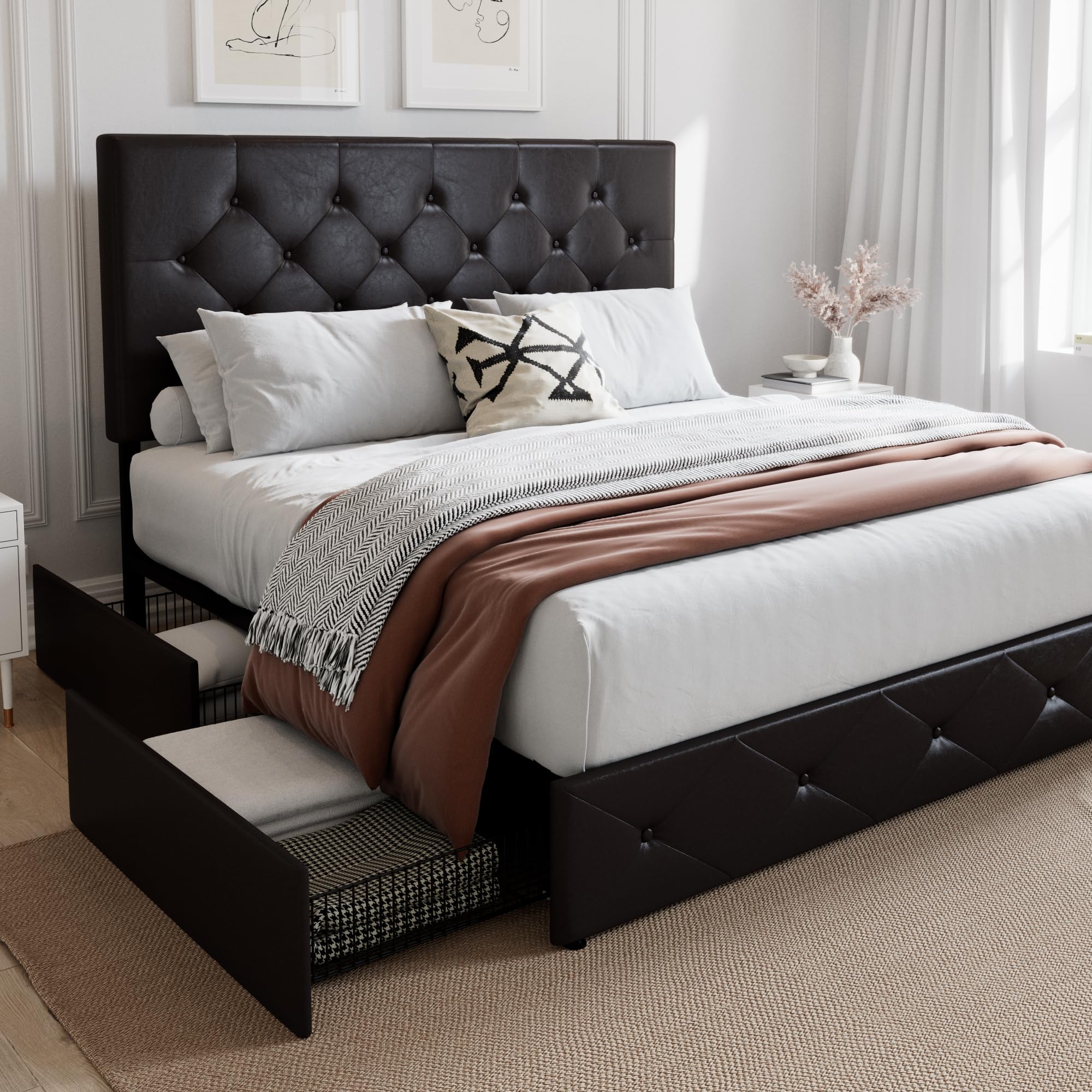 SHA CERLIN Upholstered Queen Size Platform Bed Frame with 4 Storage Drawers, Adjustable Headboard with Diamond Stitched Button Tufted Design, Wooden Slat Support, No Box Spring Needed, Black Brown