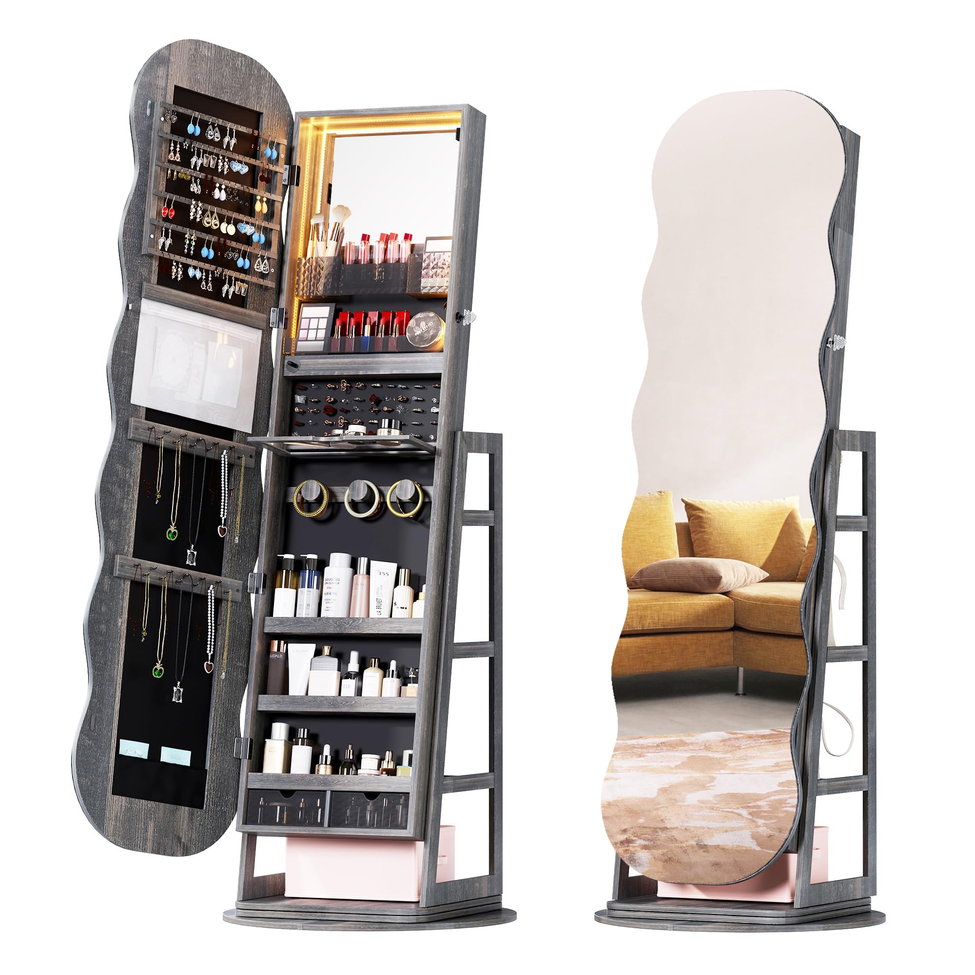 Lvifur 360° Swivel Jewelry Cabinet with Lights,LED Jewelry Organizer with Full Length Mirror, Lockable Wavy Mirror Jewelry Cabinet Standing with Rear