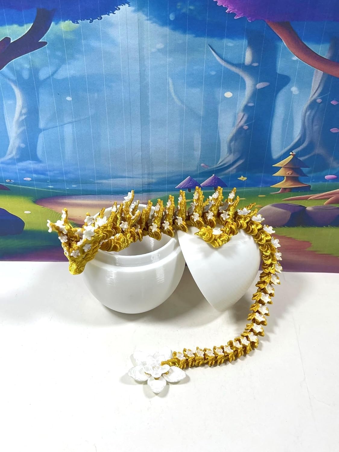 Generic 3D Printed Dragon with Dragon Egg, 12"" Gold and White Cherry Blossom Articulated Dragon, Fidget ADHD Autism Toy Executive Desk Toy D032-DR