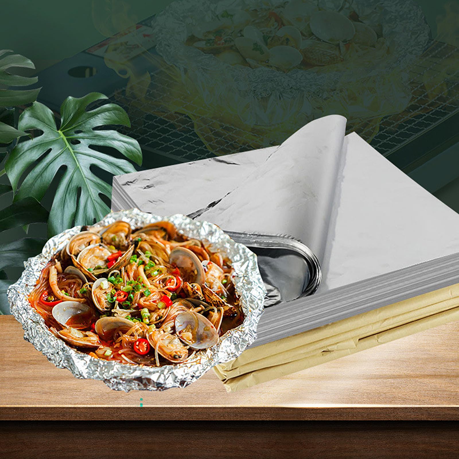 600 Hojas de Papel Aluminio Extra Resistente Precortadas para Mariscos – Mini Conchas para Ostiones y Vieiras – Ideales para Barbacoa, Horneado y Catering(Size:35CM*35CM*20μm)