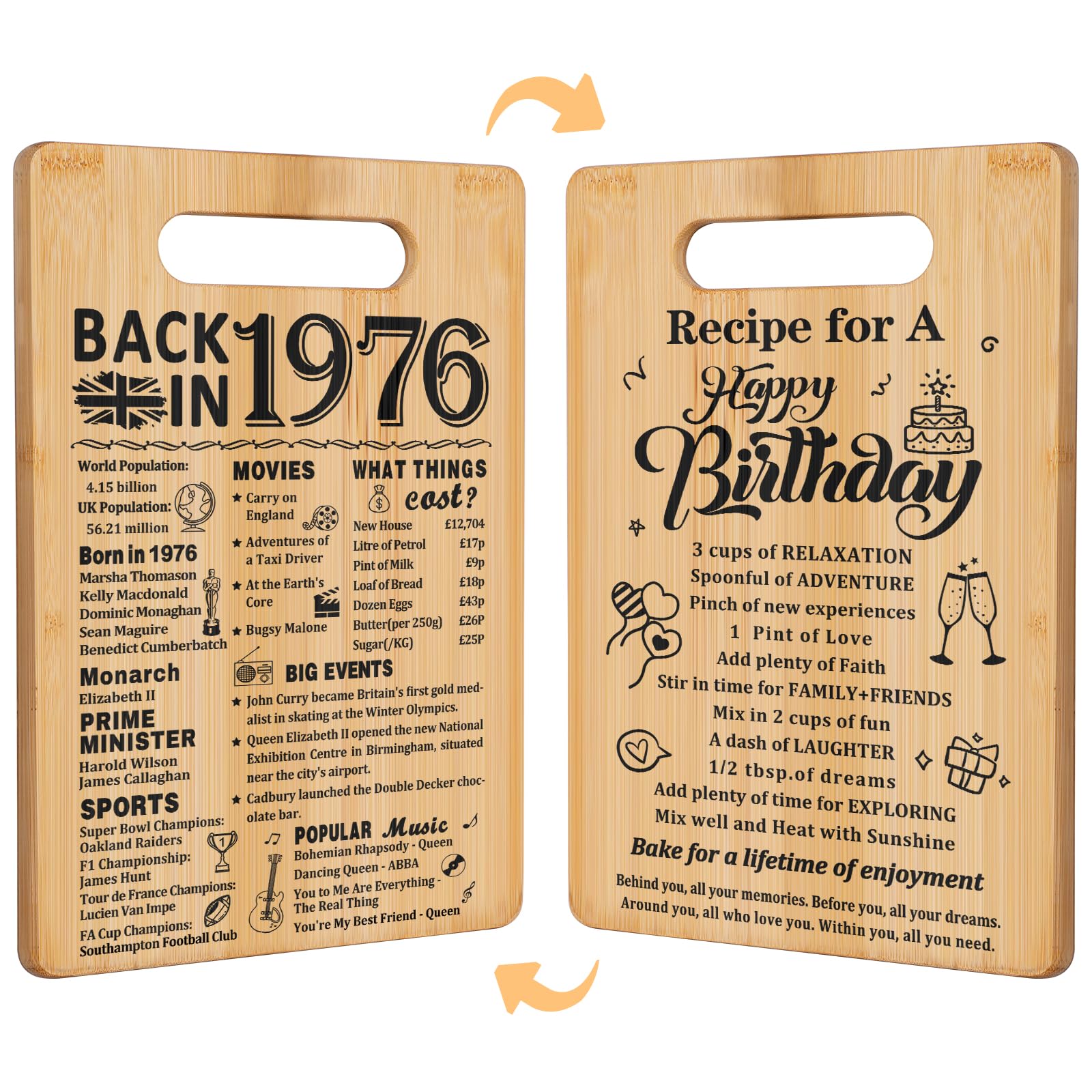50th Birthday Gifts for Women Men,Back in 1976&Recipe for A Happy Birthday Double Sided Cutting Board Present for Her Him,50th Bday Gift Ideas,Cool Presents for 50 Year Old Woman