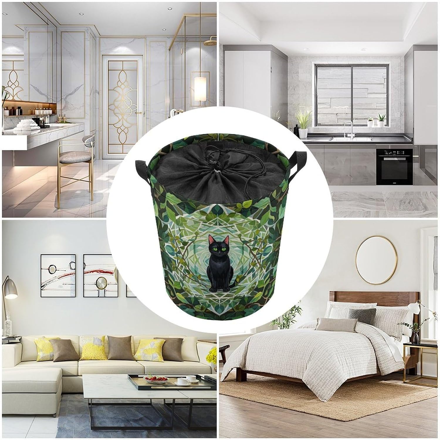 Black Cat Laundry Bag Large Collapsible Laundry Baskets Freestanding Waterproof Clothes Hamper with Handles & Drawstring for Laundry Room Bedroom Bathroom