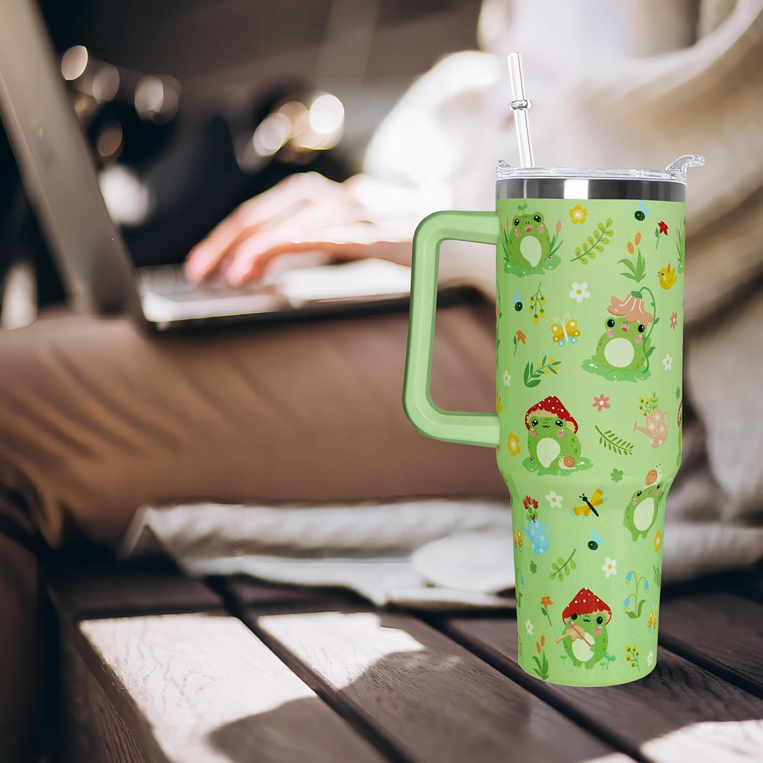 40 oz Frog Tumbler with Handle Straw Lid 40oz Frog Themed Gifts Travel Coffee Cup - Image 3