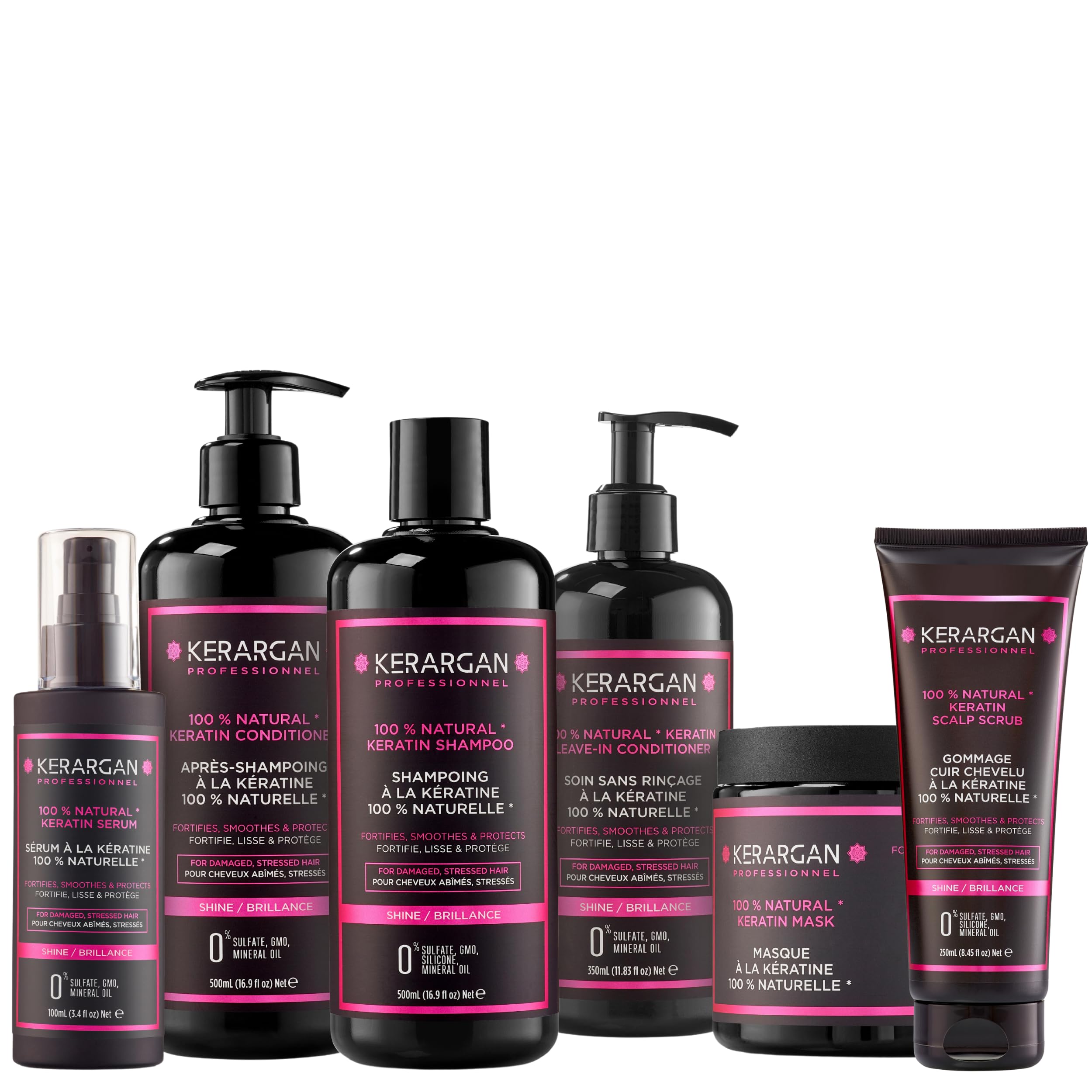 KERARGAN - Routine Kératine 6 Soins Complète - 3x500ml+100ml+350ml+250ml | Shampoing, après-shampoing, masque, sérum, soin sans rinçage et gommage, routine réparatrice complète
