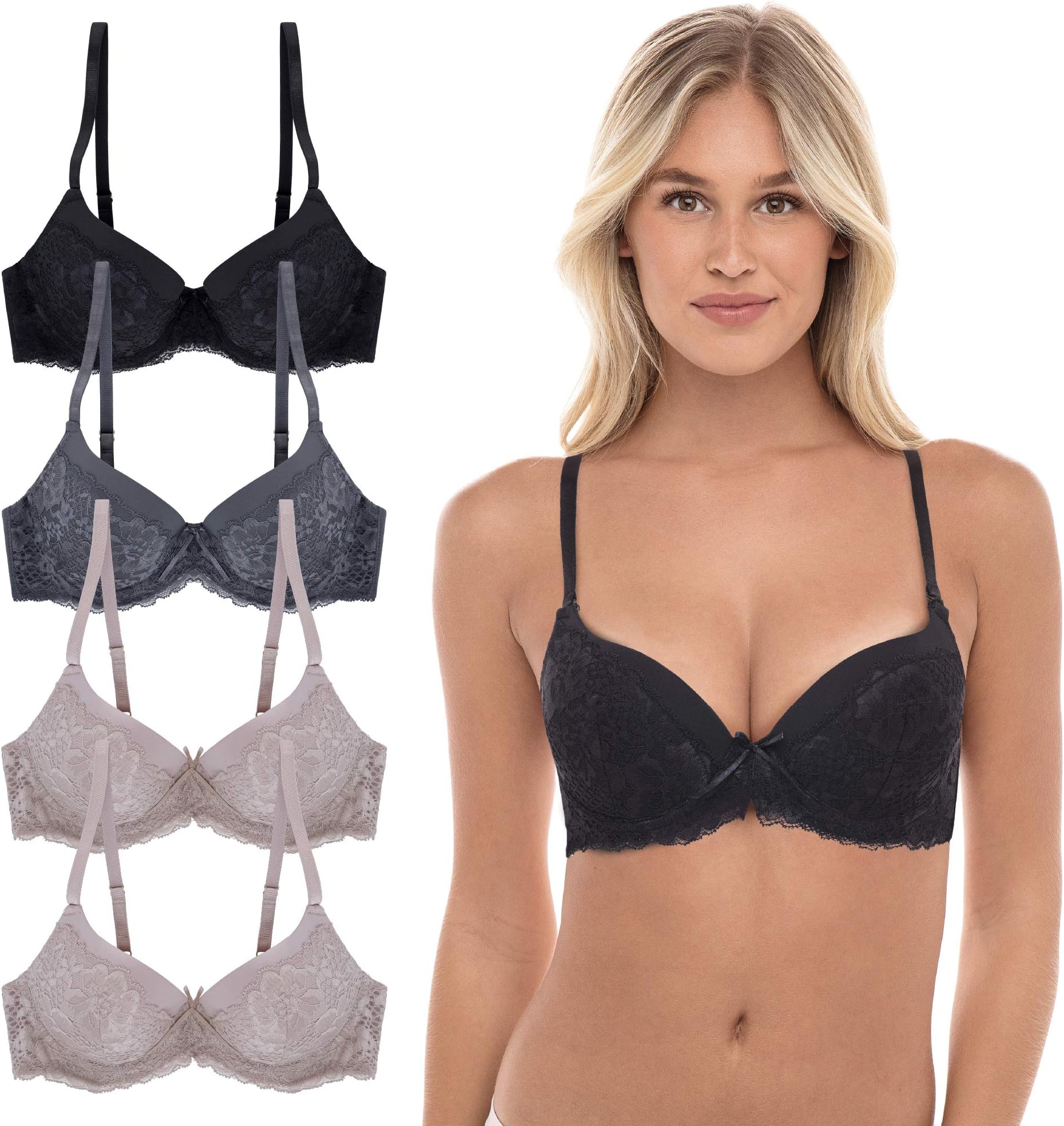 Sophie B. by René Rofé Lingerie Women’s 4 Pack Lace Padded Push Up Underwire Bra