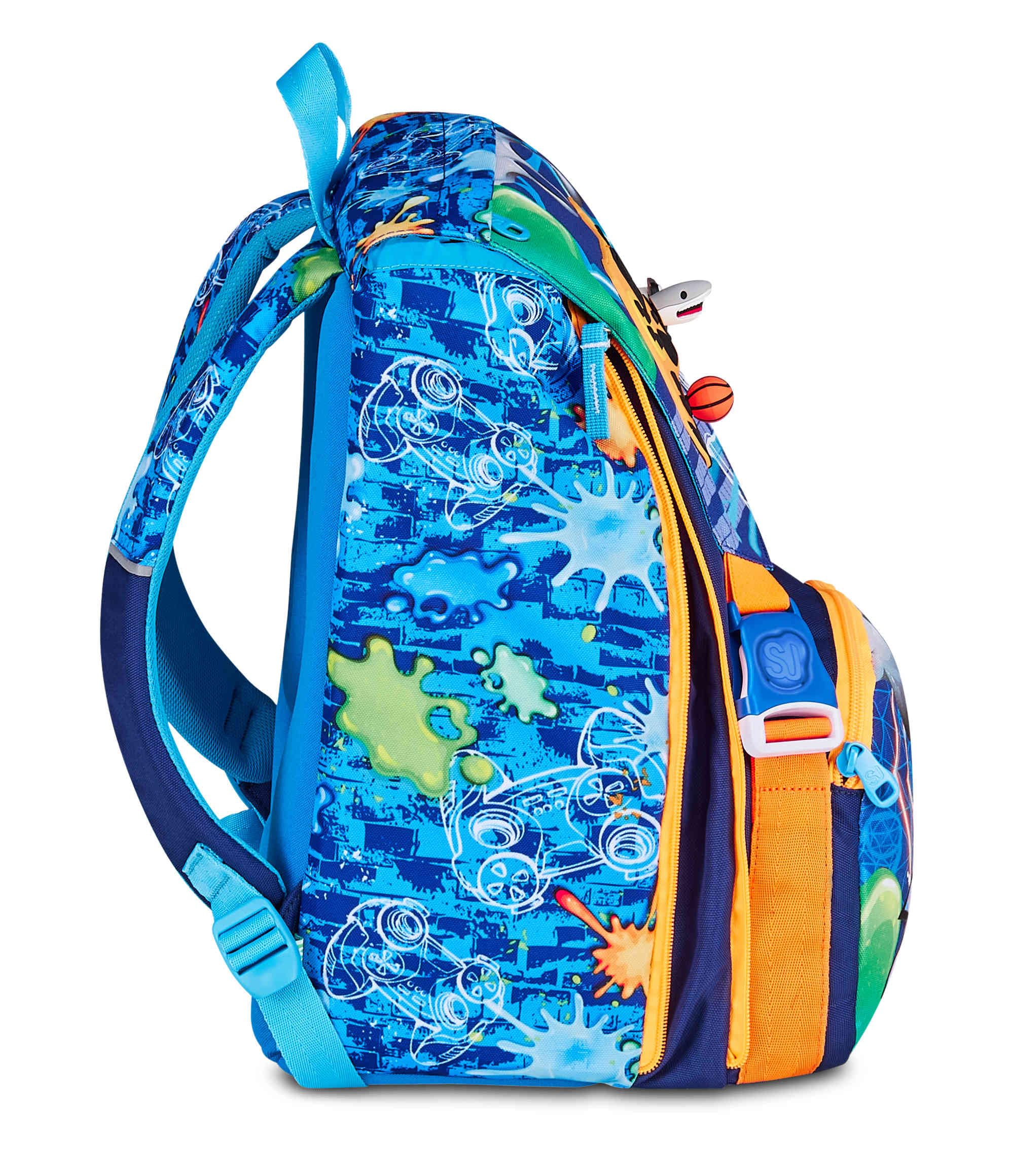 SJ GANG STYLE JAM GANG Zaino Scuola Estensibile JOYFUL PINS BOY, Blu, 24L, Zip Laterali, Inserto controller in gomma e pins amovibili, Tasca frontale, Tasca portaborraccia, Scuola elementare, Bambino