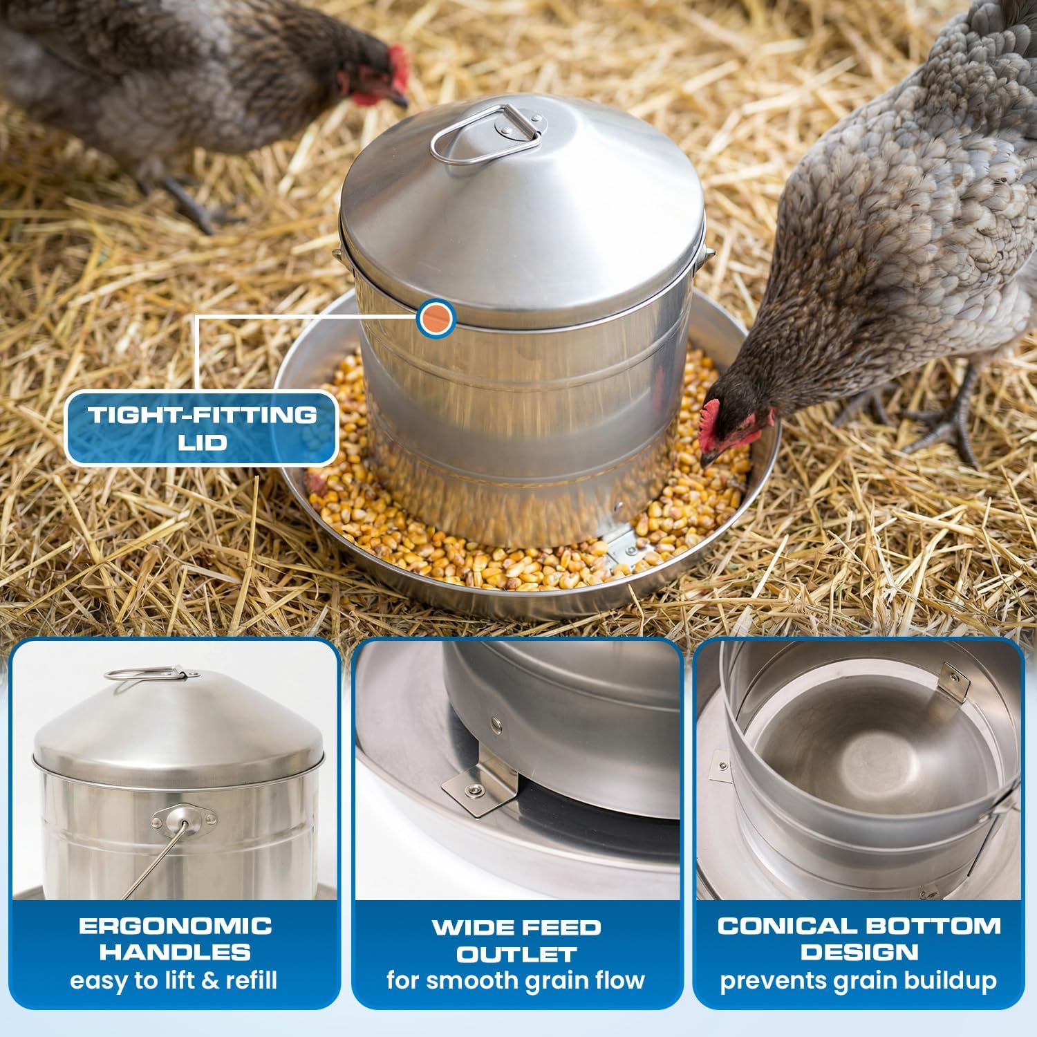 Plexon 17.6 Lb Stainless Steel Hanging Chicken Feeder no Waste Food-Grade Large - Turkey Duck Poultry Feeder for Chicken Metal - Heavy Duty Reliable Long-Lasting with Handle