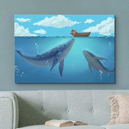 Miniatura 2 de Dibujo a mano estilo niño místico en el barco en el océano con ballenas azules Galería 16 x 24 pulgadas