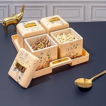 Nayasa Miracle Dry Fruit, 4 pcs Container Serving Tray Set | 600 ML Each | Multipurpose Plastic Serving Set | Premium Design | BPA Free | Food Grade | Air-Tight Lid | Snack Organizer Tray | Beige