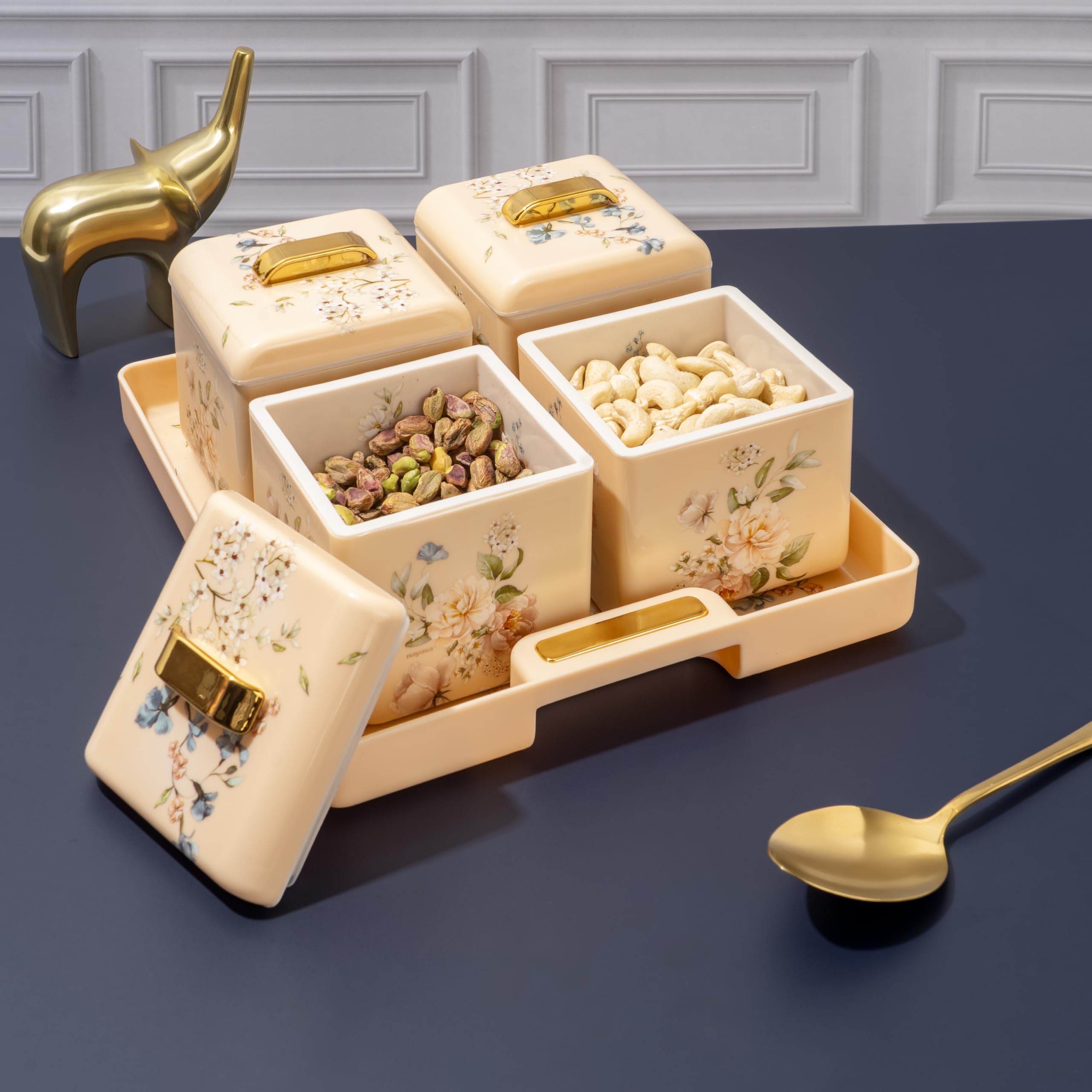 Nayasa Miracle Dry Fruit, 4 pcs Container Serving Tray Set | 600 ML Each | Multipurpose Plastic Serving Set | Premium Design | BPA Free | Food Grade | Air-Tight Lid | Snack Organizer Tray | Beige