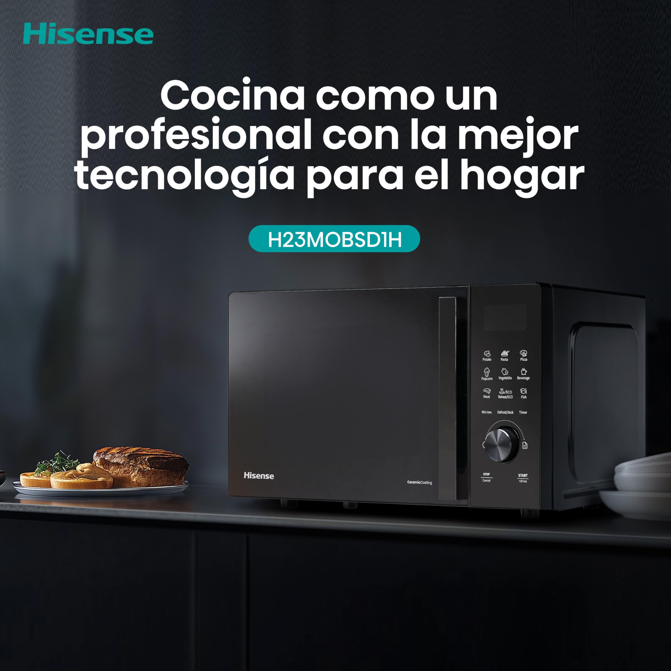 Hisense H23MOBSD1H - Microondas Digital con Grill 23L, 800W, Revestimiento Cerámico, Cristal Premium, 10 Niveles de Potencia, Función de Descongelación, 9 Programas Automáticos, Fácil limpieza