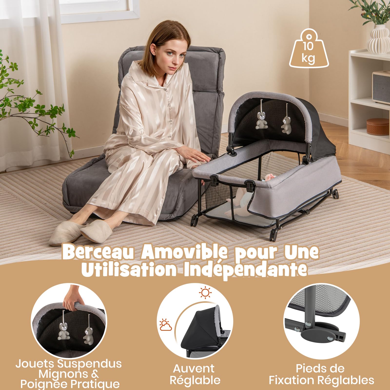 COSTWAY 5 en 1 Lit Parapluie Bébé avec Matelas & Table à Langer, Lit Bébé Evolutif avec Berceau Amovible & 2 Jouets, 2 Roues avec Frein, Sac de Transport, 110x78cm, Charge 10kg pour 0-3 Ans