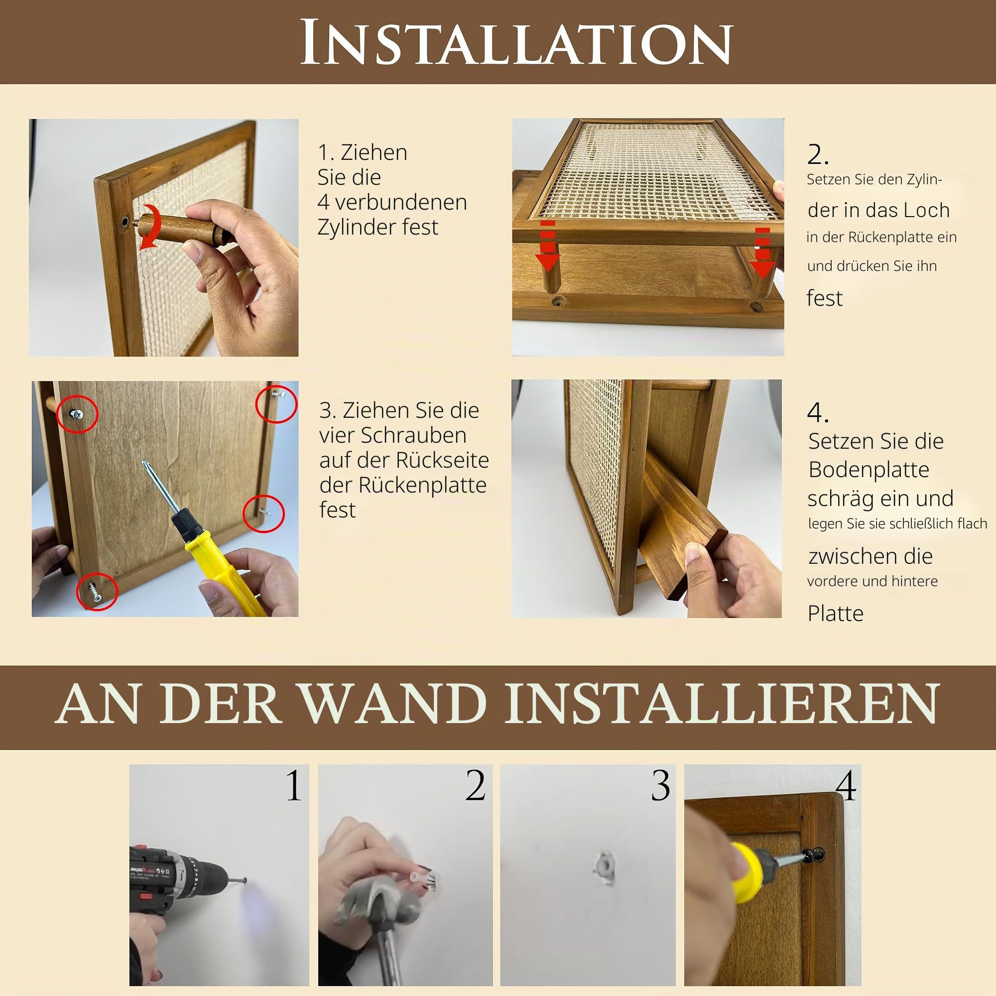 Zeitschriftenständer aus Holz, zur Wandmontage, Boho-Stil, Wandordner, Aktenhalter für Eingangsbereich, Wohnzimmer, Kinderzimmer und Büro, Zeitschriftenhalter, hängender Post-Organizer (braun)