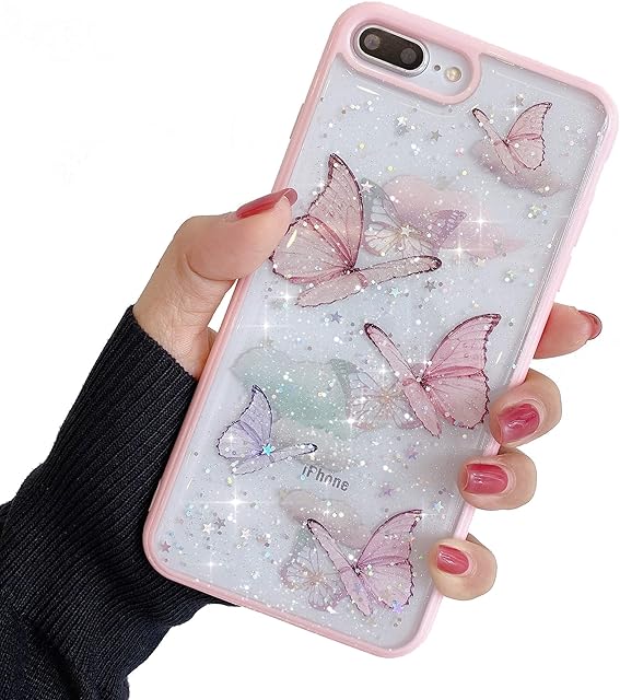ZTUOK Compatible with iPhone 7 Plus/8 Plus Case for Girls,Soft Slim Fit Full-Around Protective Cute Clear Sparkly Bling Star Butterfly Pattern Phone Case Glitter Cover for iPhone 7 Plus/8 Plus-Pink