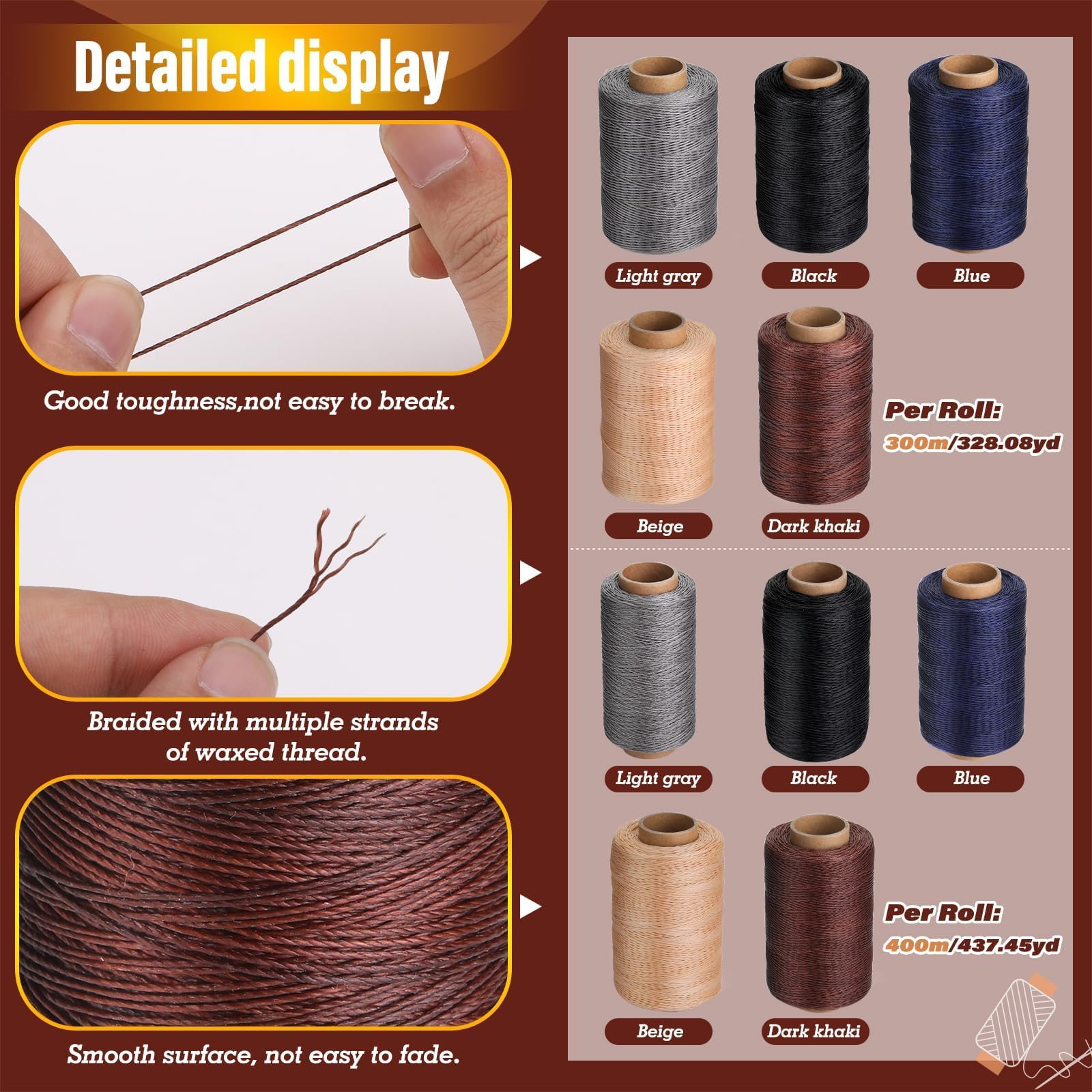 Hilo encerado redondo de 0,55 mm, 437 yardas, hilo encerado para coser cuero, hilo de cera, hilo de cuero para manualidades de cuero, encuadernación de libros (negro)