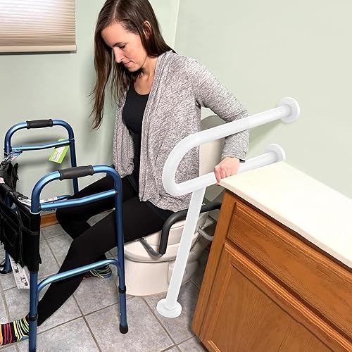 Miniatura 6 de Riel de soporte de inodoro blanco de 23.4 x 28 pulgadas, barra de agarre antideslizante de piso a pared para baño, pasamanos de seguridad moleteados