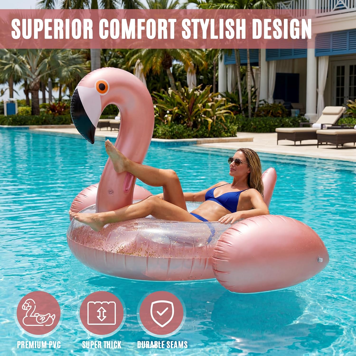 JAMBO Huge Flamingo Pool Float Floatie Ride On, Giant Float for Swimming Pool Beach Adults & Kids, Big Raft Pool Party Accessory, Large Flamingo Pool Toy, Pink Floatie, Pretty Floaties for Adults
