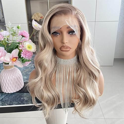 Blonde with Brown Wig Highlight 13x4 Lace Front Wigs Loose Body Wave Synthetic Fiber Pre Plucked 18Inch for Women