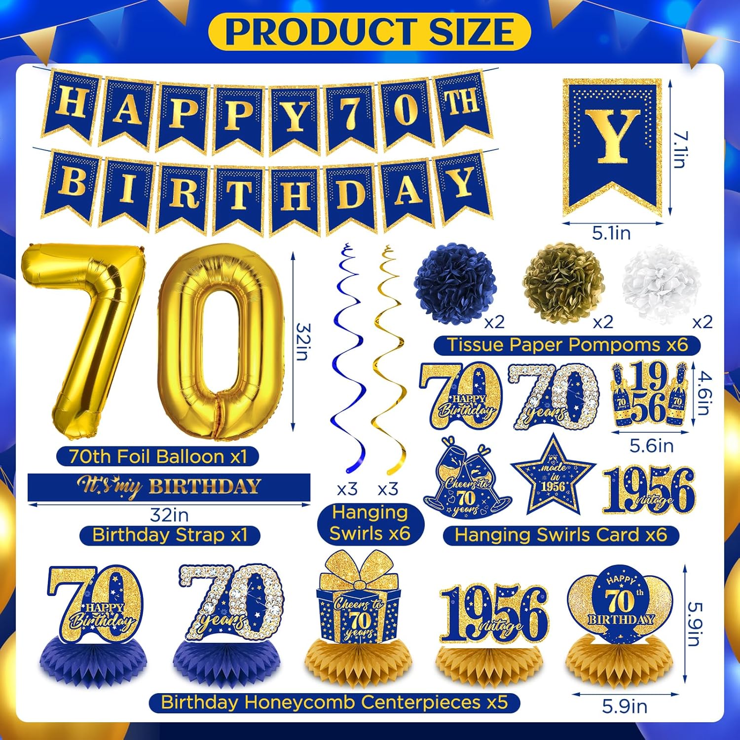 Navy Blue Gold 70th Birthday Decorations for Women Men Happy 70th Birthday Banner Vintage 1956 Honeycomb Centerpiece Hanging Swirls Sash Paper Pompoms Decor for 70 Years Old Anniversary Party Supplies