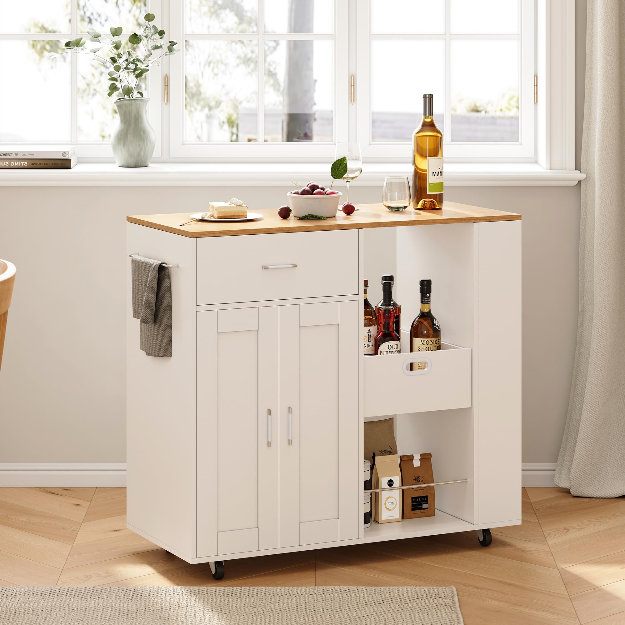 Wyspa kuchenna na kółkach, wyspa kuchenna z blatem roboczym, mobilny zestaw kuchenny z szafką do przechowywania trzy półki wysuwany organizer (biały, 102x46x92)