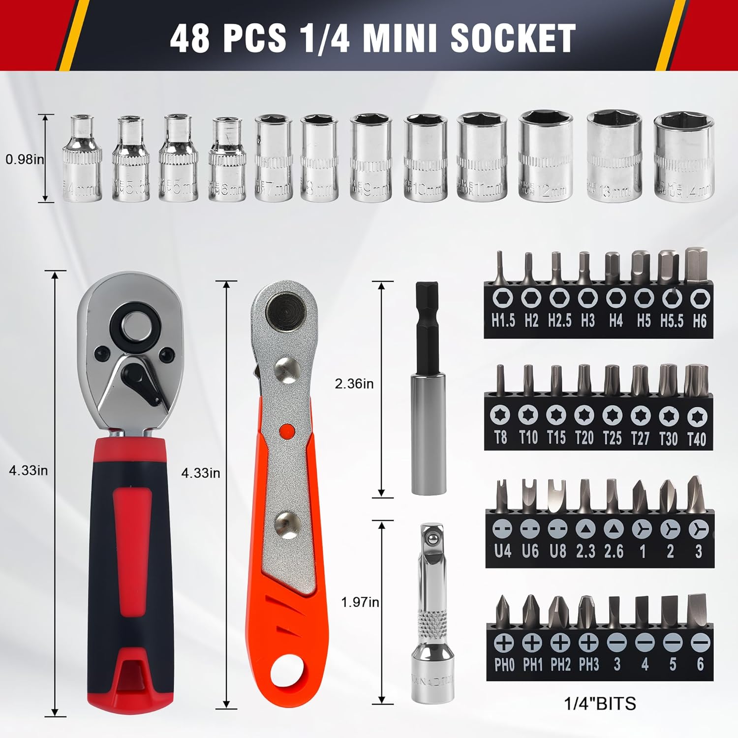 48-Piece 1/4 Inch Mini Socket Ratchet Wrench Set – Includes Metric Shallow Sockets (4-14mm) with 6-Point Design, 72-Tooth Mini Ratchet Wrench, Screwdriver Bits, and 3-Inch Extension Bars
