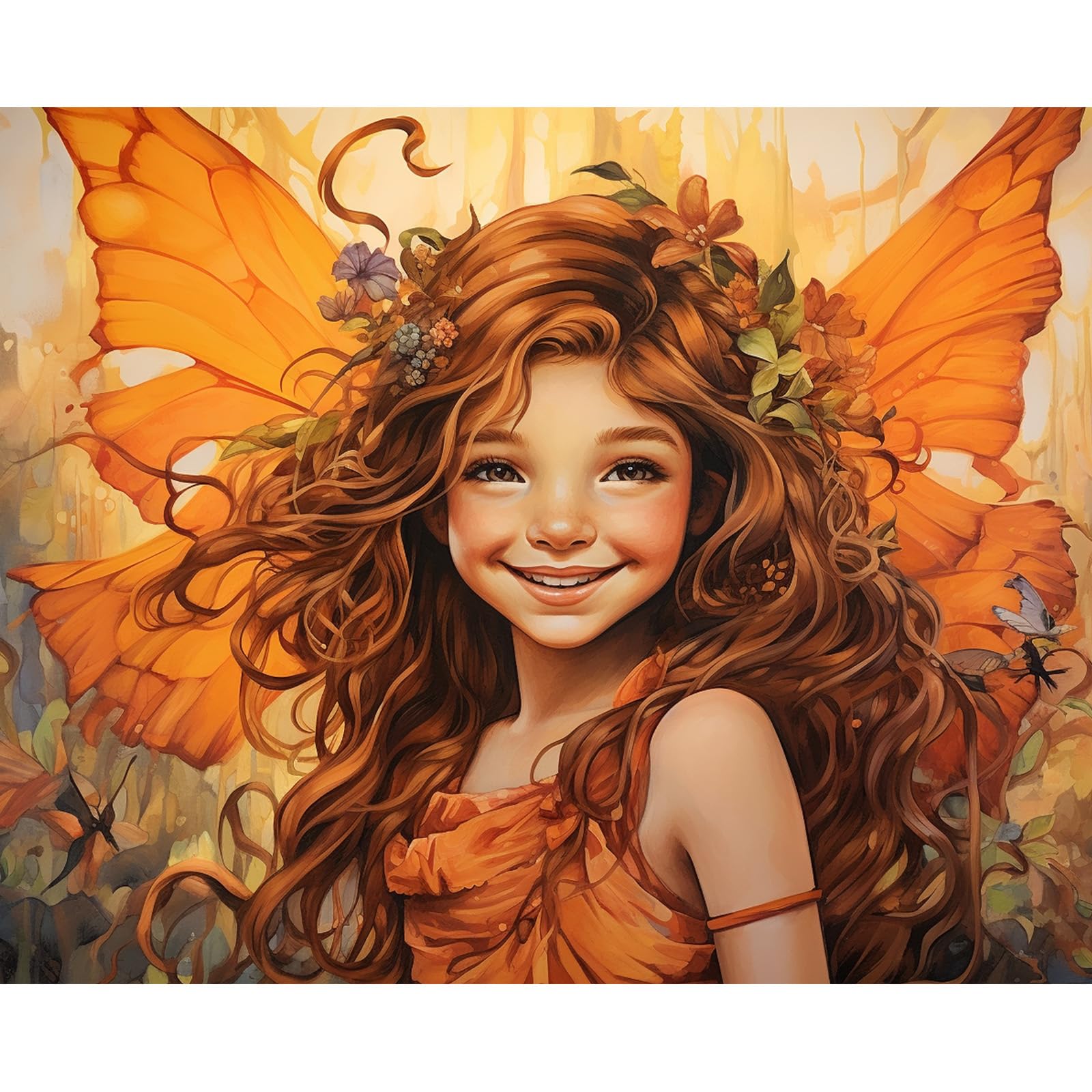 Angel Girl Butterfly Paint By Bumbers for Adults Beginner Cute Girl with Wreath DIY Paint by Numbers Acrylic Paint Canvas Orange Flower Bedroom Painting Kits Art 16x20 Inch （DIY Frame ）