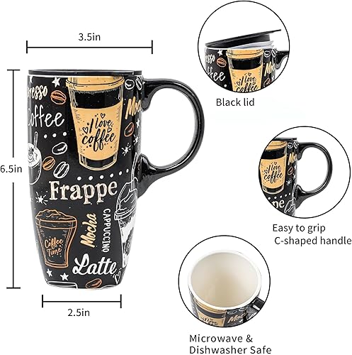 Miniatura 6 de Voltogar Taza de café de viaje de cerámica con tapa, regalo para el hogar y la oficina, taza de té alta de porcelana de 17 onzas con asa, patrón de