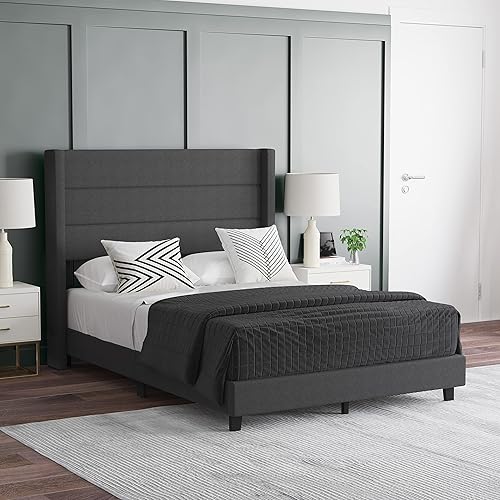 EMMA + OLIVER Holt - Cama moderna tapizada de lino sintético cosido con canal de carbón con cabecera trasera y listones de soporte de madera no