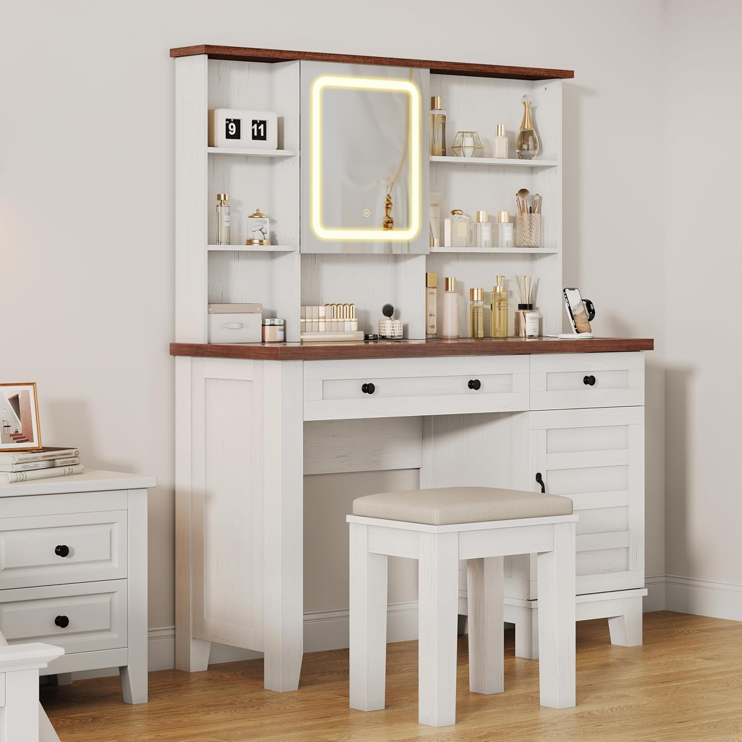 GarveeHome Farmhouse Makeup Vanity Desk with Solid Wood Stool, Makeup Table with Mirror and Lights & Power Outlet, Makeup Table with 2 Drawers, Dressing Table with Glass Top for Bedroom, Brown+White