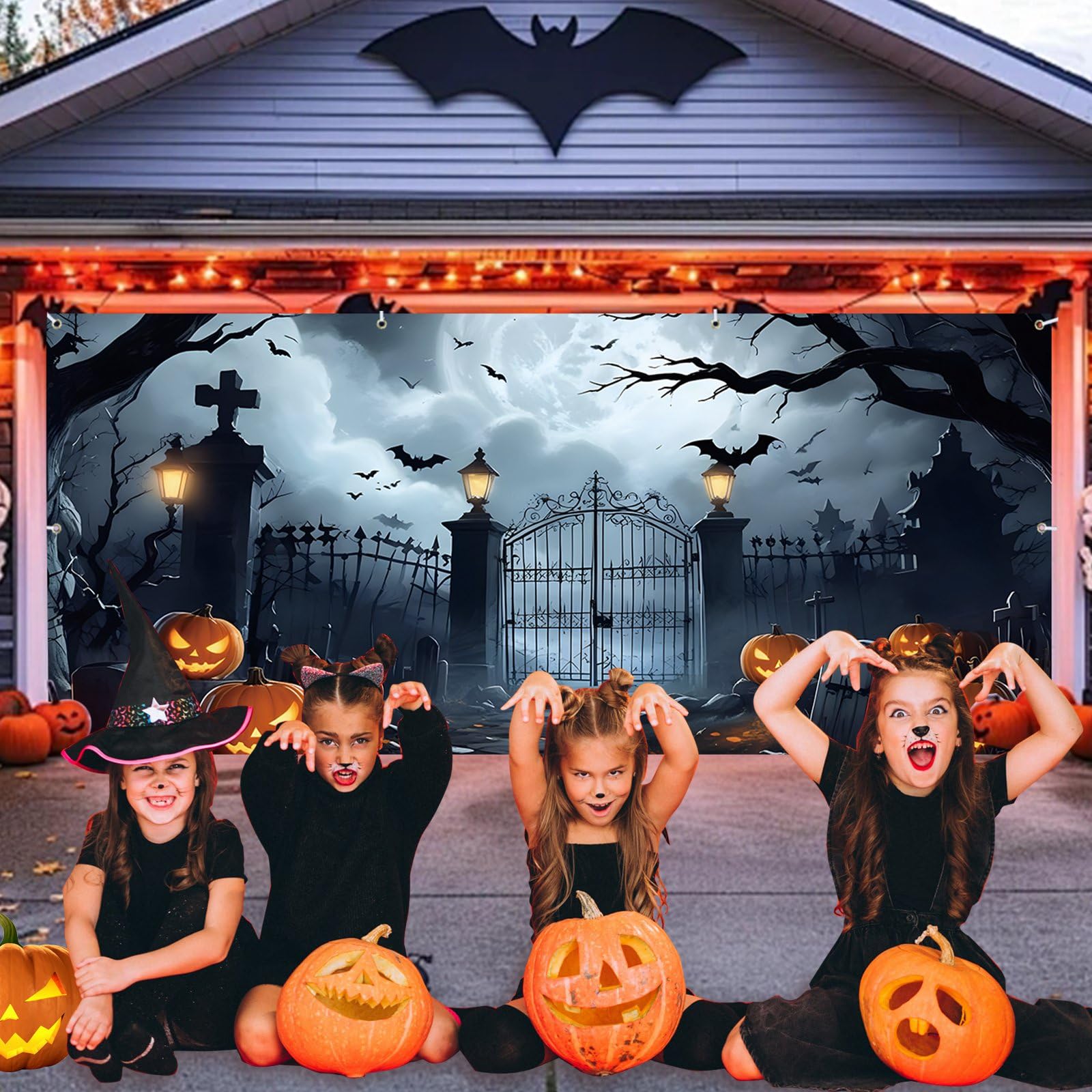 XhuangTech Baner na drzwi garażowe na Halloween, motyw horroru z 10 przelotkami, poliester 100D, straszna dynia, straszna wisząca dekoracja imprezowa (15 x 40 m Jack-O-latarnia z rzeźbionym)