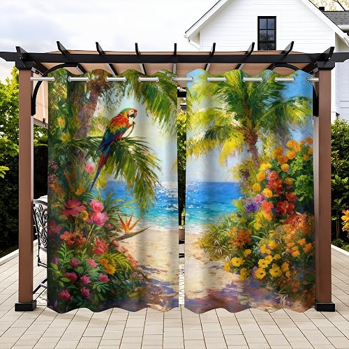 Tropical Beach Theme Waterproof Indoor/Outdoor Curtains,Parrot Watercolor Print,UV and Fade