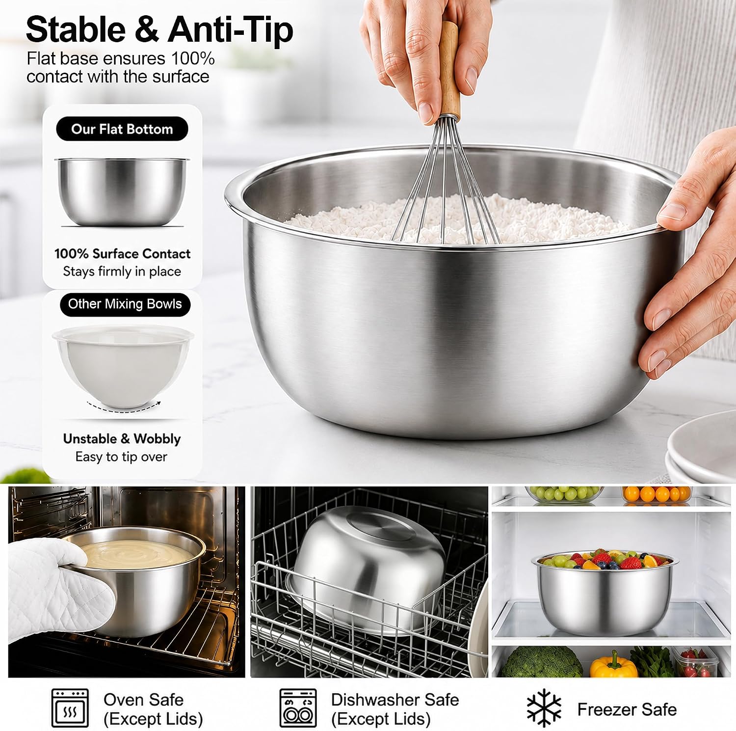 E-far Mixing Bowls with Lids Set of 5, Stainless Steel Nesting Salad Bowls