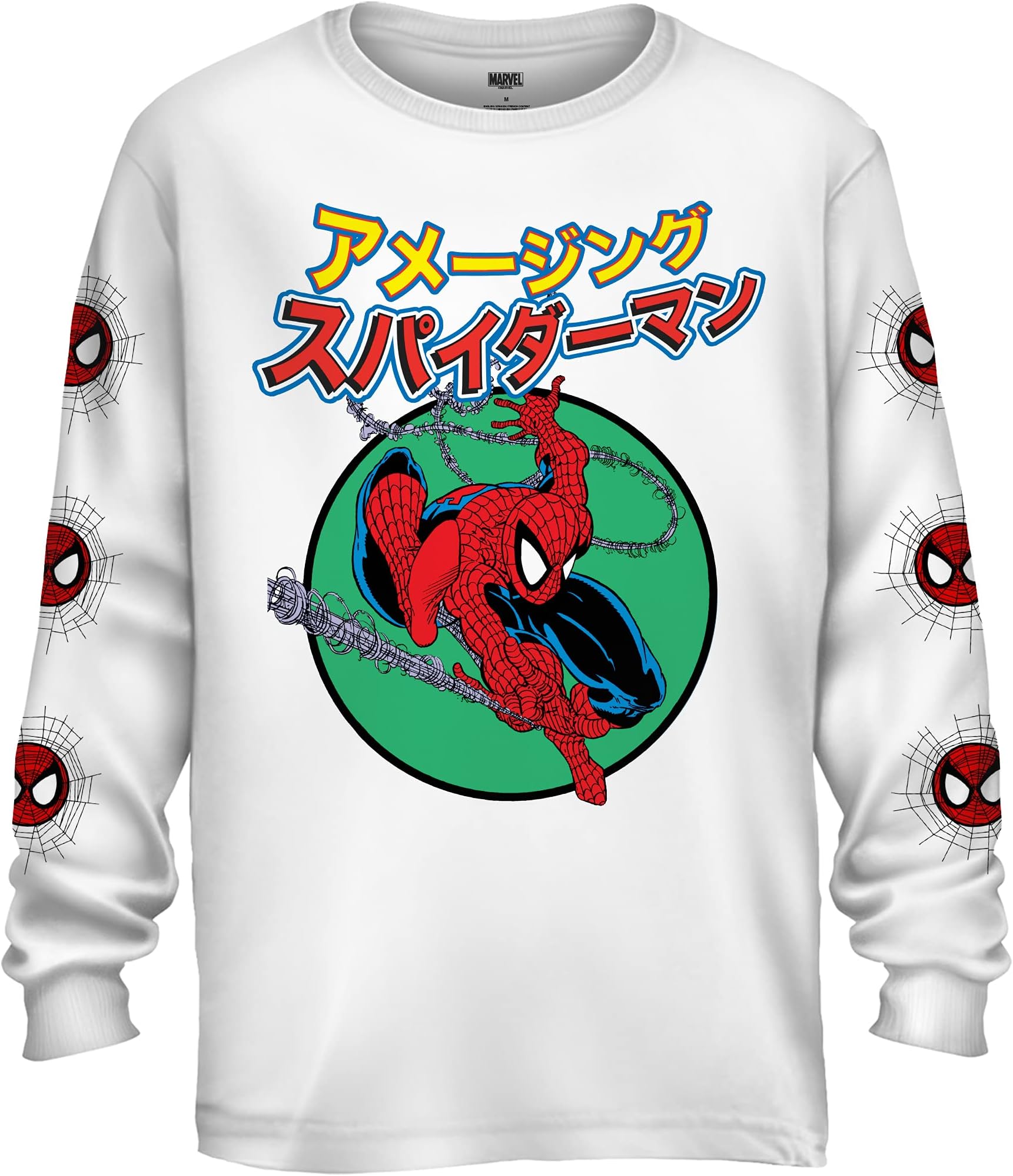 MarvelSpider-Man 90's Japanese Kanji Comics Adult Unisex 100% Cotton Long Sleeve Crew T-Shirt
