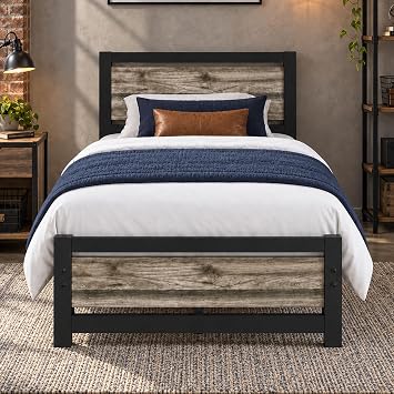 Catrimown Twin Bed Frame with Headboard, Under-Bed Storage, Wash Grey