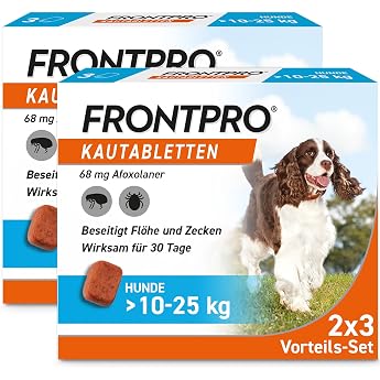 FRONTPRO Dog L Chewable Tablet Against Ticks and Fleas (Dogs 10 to 25 kg) | 3 x chewable tablets (pack of 2) for 6 months pro