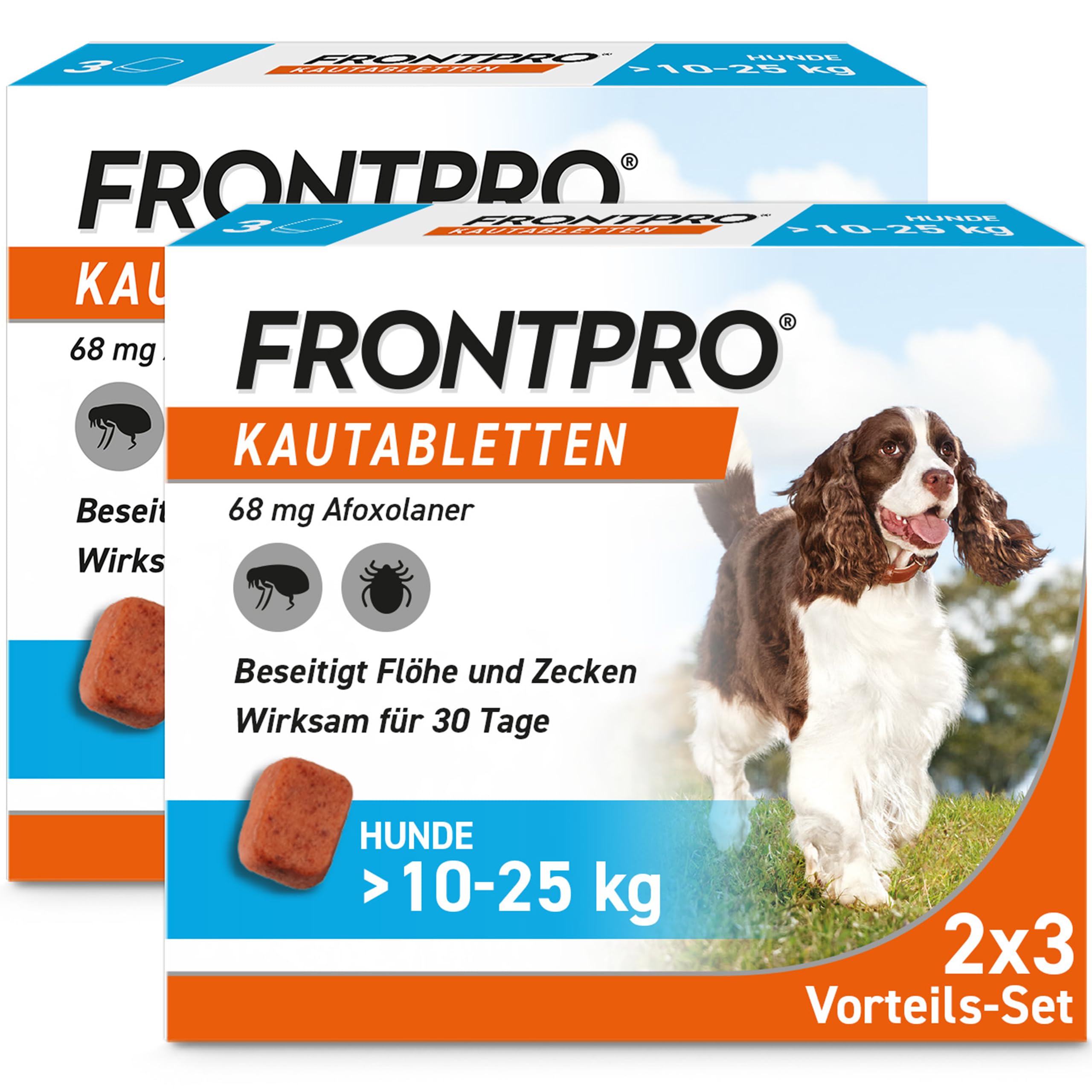 FRONTPRO Hund L - Kautablette gegen Zecken & Flöhe (Hunde 10 bis 25 kg) | 3x Kautabletten (2er Pack) für 6 Monate Schutz - schmeckt einfach mit oder ohne Futter - schnelle Wirkung