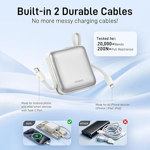Miniatura 3 de VINKO Small Portable Charger, 22.5W Fast Charging Mini Power Bank 10000mAh with Built-in Cables, Travel Essential USB-C Battery Pack Compatible with