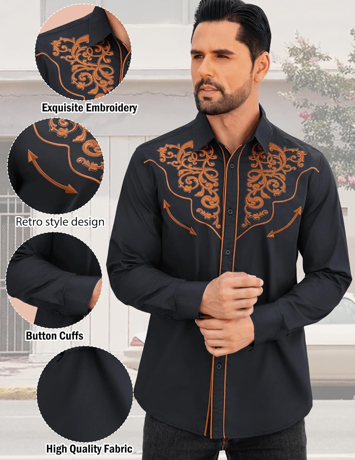 Men's Western Cowboy Shirts Long Sleeve Button Down Embroidered Vintage Casual Hippie Shirts - Image 5