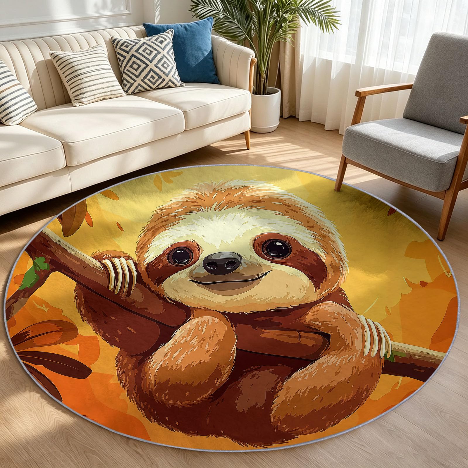 Générique Tapis Rond Salon 100 cm Jaune - Dessin Animé Nordique Paresseux Branches Animaux - Doux & Antidérapant - Poils Courts Faciles à Entretenir - Idéal Chambre, Salle à Manger et Table Basse