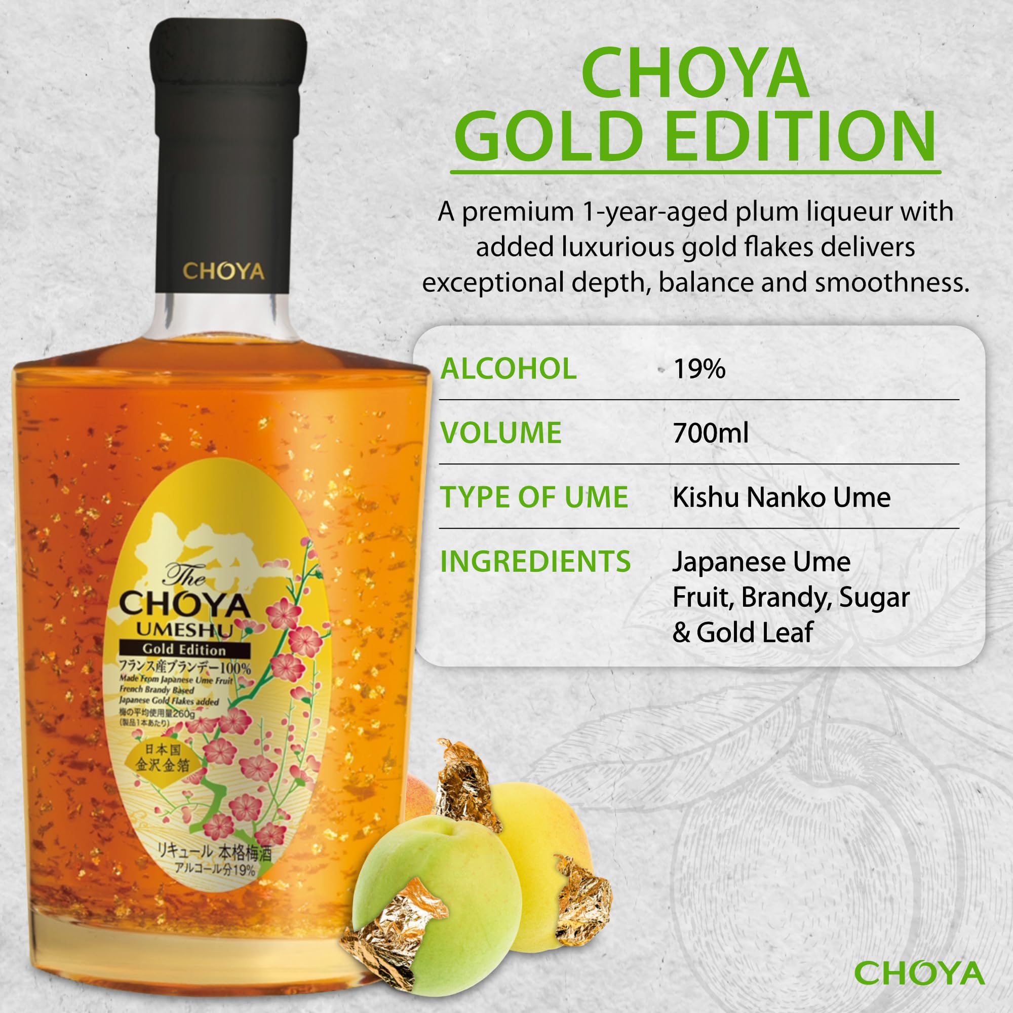 Choya Umeshu Gold Edition, mit echten Blattgold Flocken (japanischer Ume Fruchtlikör & französischer Brandy, Ume Frucht, 19% vol.) 1er Pack (1 x 0.5 l)