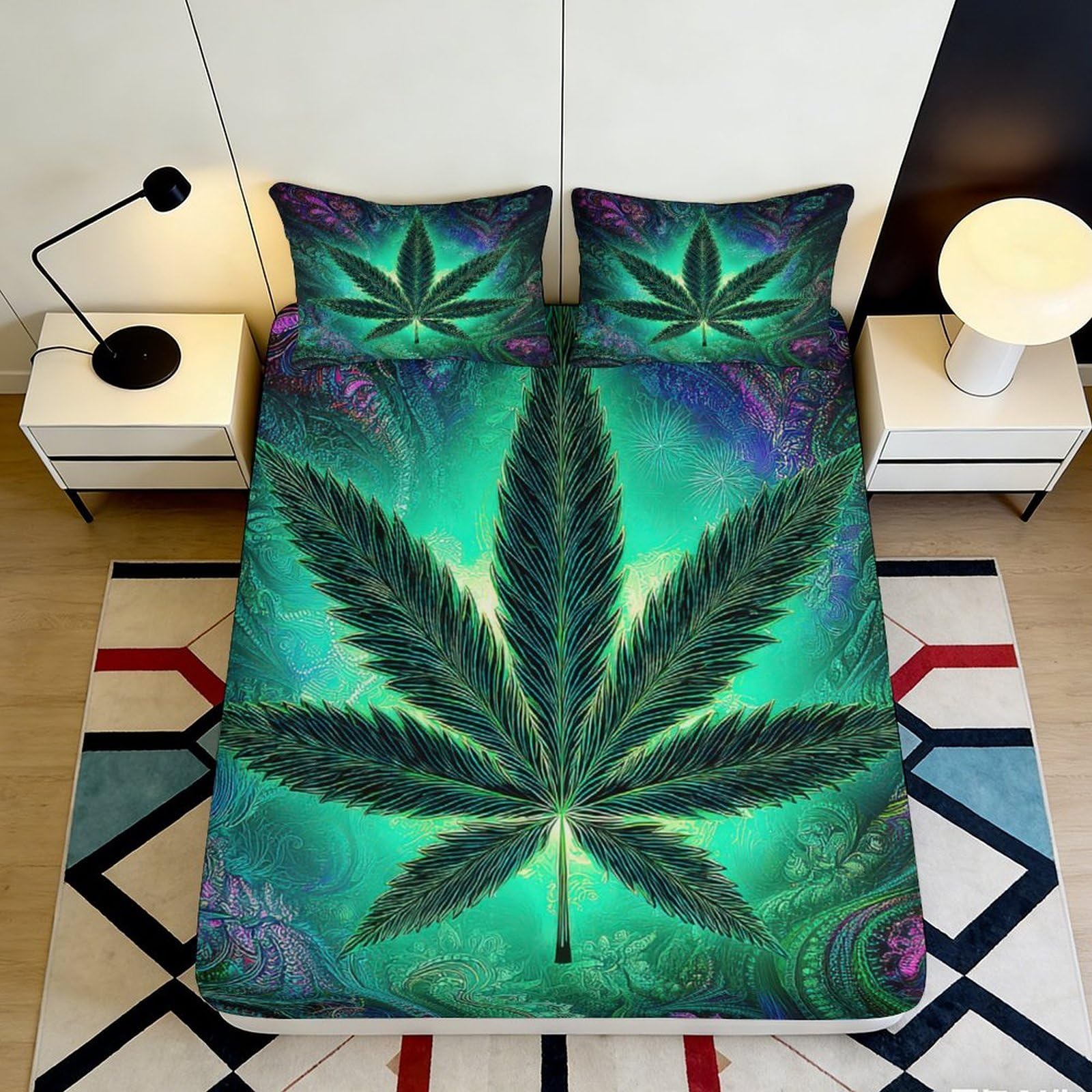 3D Printed Green Cannabis Leaf Fitted Sheet Microfiber Soft Breathable Psychedelic Bed Cover for Bedroom Decor 90x200x25cm