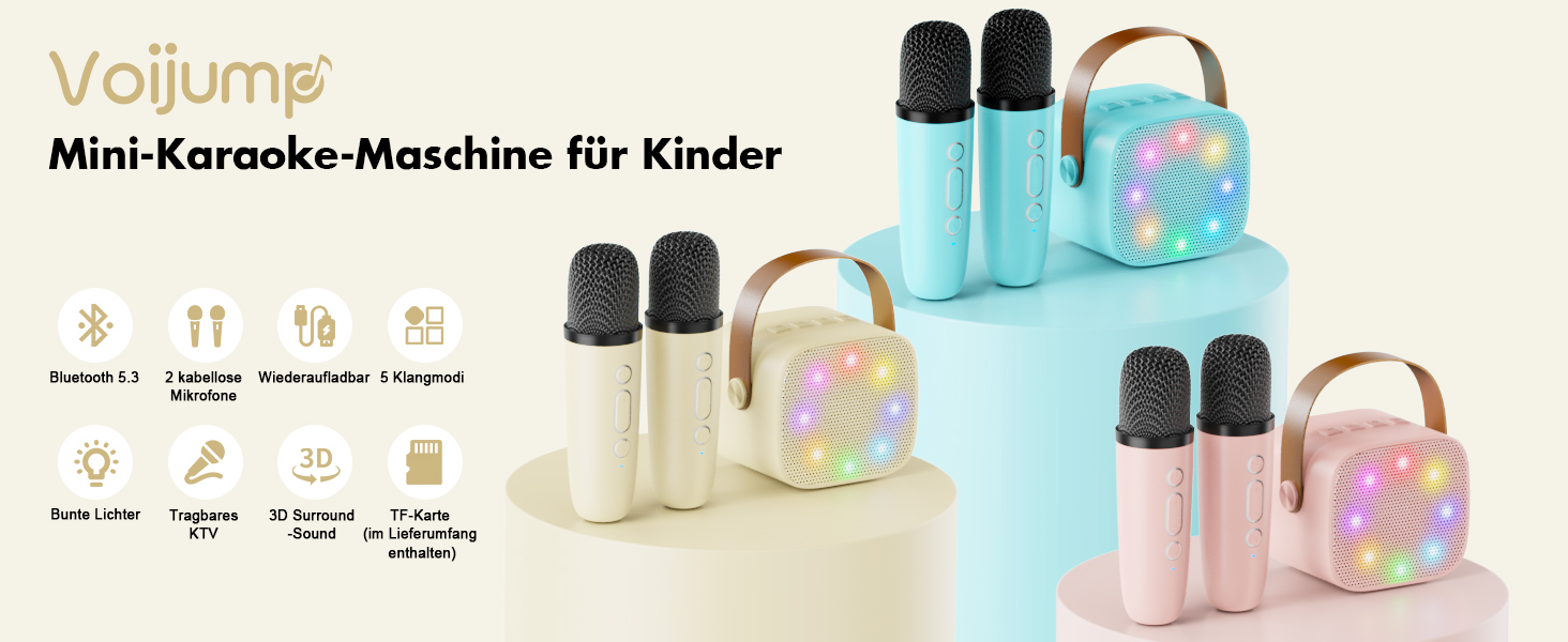 Qingning Karaoke Maschine Für Kinder - Mit 2 Mikrofonen & LED-Lichtern