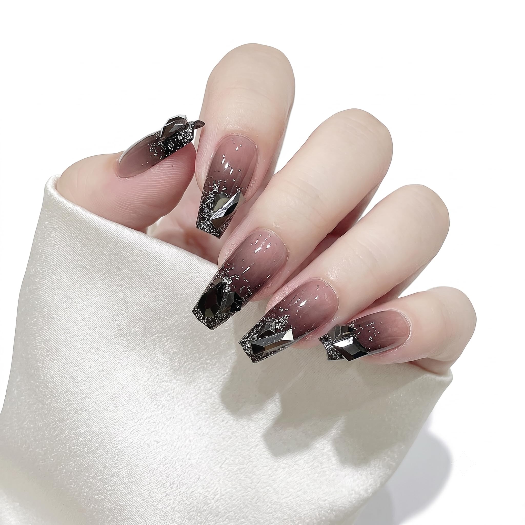 Press on Nails Long Coffin, Black Ombre Glitter with 3D Rhinestones | Nude to Black Gradient, 3D Crystal Gems, Glitter Finish, Reusable False Nails, Gothic Style-image-41