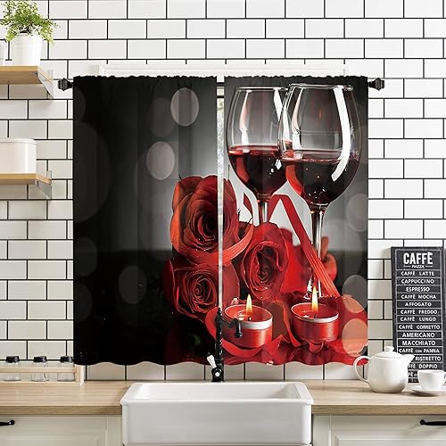 Miyotaa Wine Rose Kitchen Curtains 2 Panels 27.5W x 39H Rod Pocket Valentine Glasses Romantic Black Red Rustic Farmhouse Polyester Small Short Window Drapery Treatment Cafe