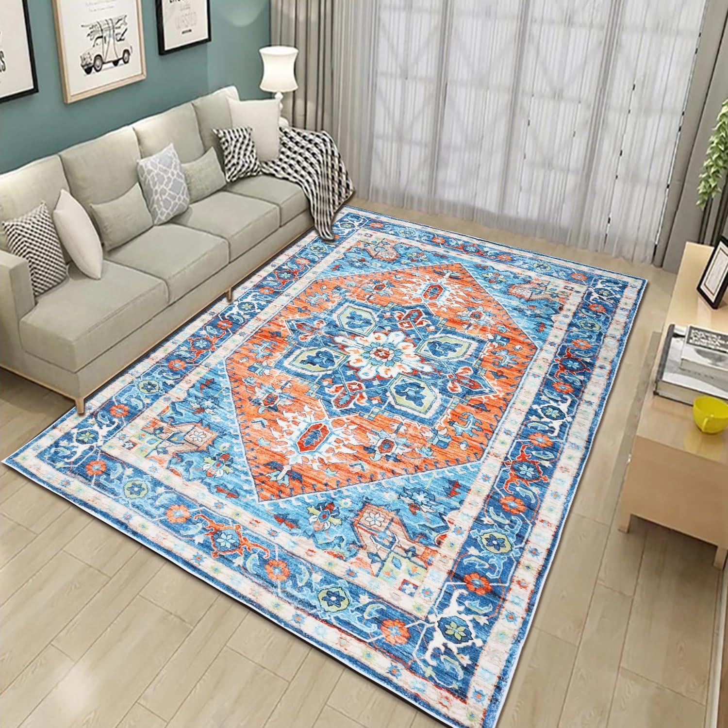 Helthep Boho Area Rug 3x5 - Vintage Moroccan Washable Non-Slip Rug, Ultra-Soft Low Pile Farmhouse Carpet for Living Room, Bedroom, Dining Room, Kitchen（36x60 inch）