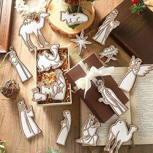 Miniatura 4 de 28 Pcs Christmas Nativity Scene Christian Ornaments for Christmas Tree Wooden Hanging Ornament Gifts The Birth of Jesus Religious Decorations for