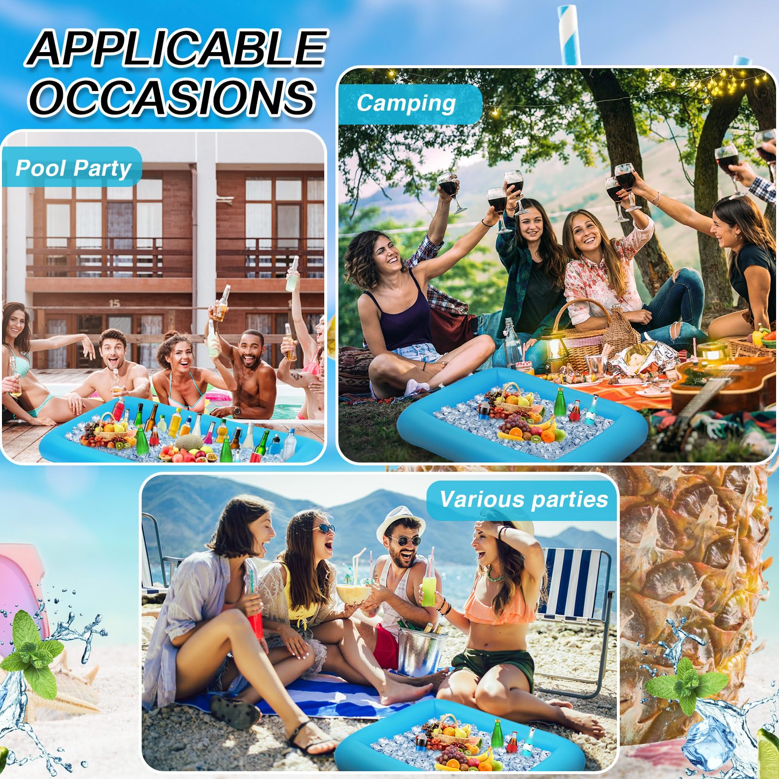 Leitee 4 barras inflables para servir hielo, bandeja para servir bufé, enfriador de bebidas para fiesta en la piscina, bandeja de hielo inflable, contenedores flotantes para alimentos y bebidas con