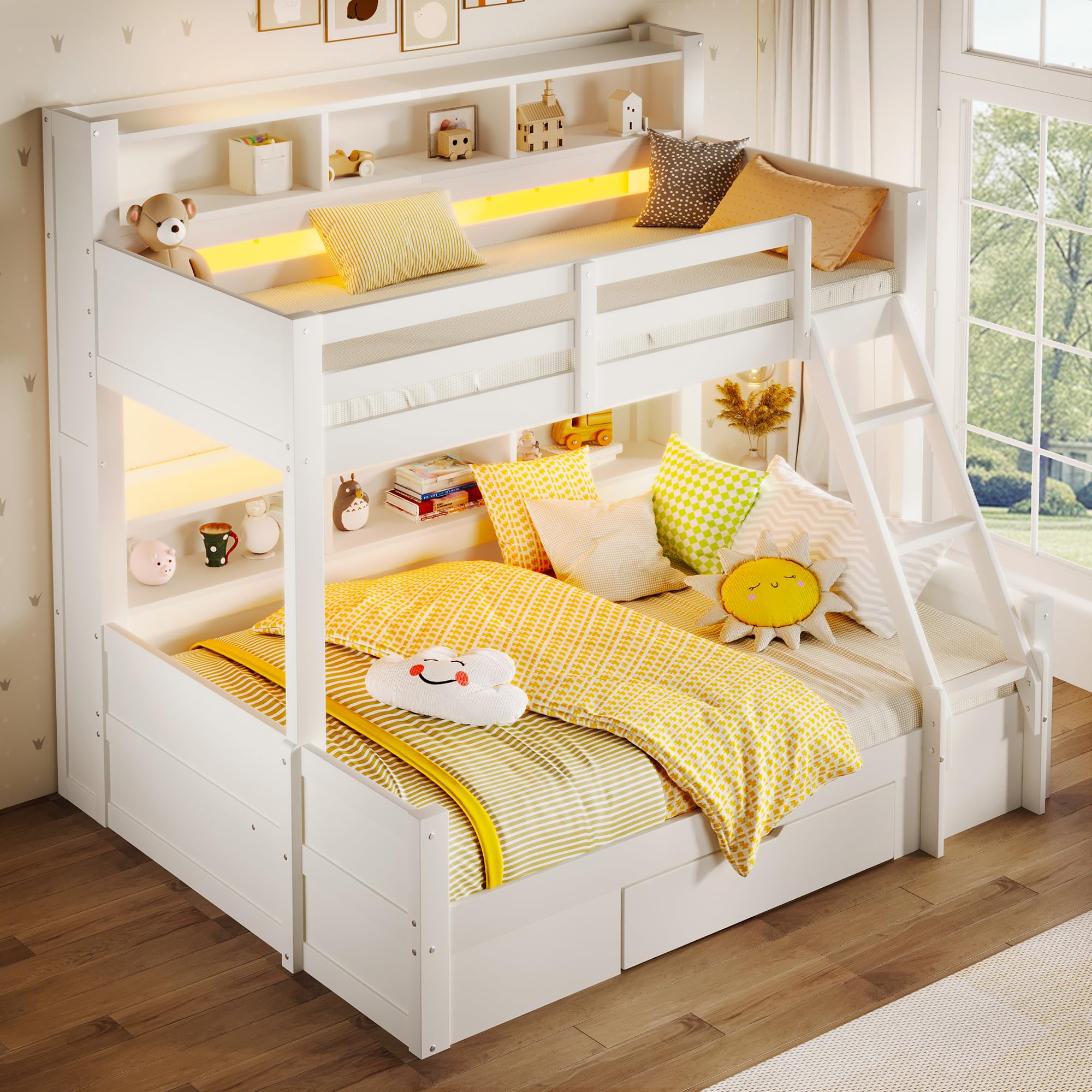 Litera de 90(140) x200 cm con Luz LED y Compartimentos Abiertos, Cama Litera Matrimonio con Cajón y Escalera, Cama Infantil Literas Infantiles con Barandilla Anticaída, Sin Colchón, Blanco